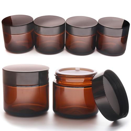6 Pack, Amber Glass Jars Travel Size, 2 oz, Dark Round Glass Jars with Lids, Empty Cosmetic Lotion Container, Small Mini Jar for Beauty