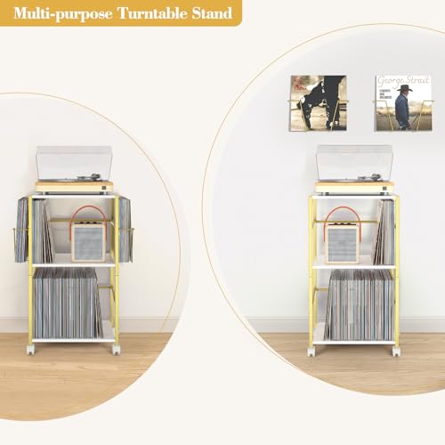 Bikoney Mueble Tocadiscos con 2 Expositores de Vinilos y Mesa Auxiliar – Soporte para Reproductor de Vinilo y Almacenamiento de hasta 150 Discos – Mueble para Sala o Dormitorio – Dorado - imagen 7