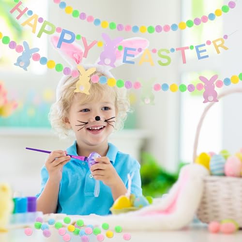 Image of 4 Pcs Easter Day Bunny Felt Banner Colorful Happy Easter Felt Banner Colorful Pink Blue Yellow Pom Pom Ball Garland Bunny Rabbits Pompom Hanging Banner Hanging Garland for Home Party Favors
