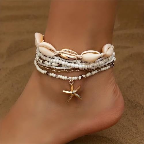 image for Qceasiy Shell Ankle Bracelet Set for Women, Gold Plated Boho Bead Adju
