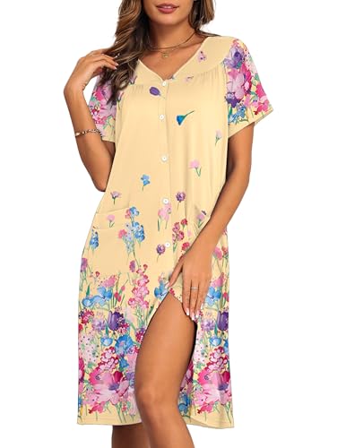 Image of Ekouaer House Dresses for Women with Pockets Button Down Nightgowns Plus Size Moo Moos Mumu Dresses Floral Print S-3XL