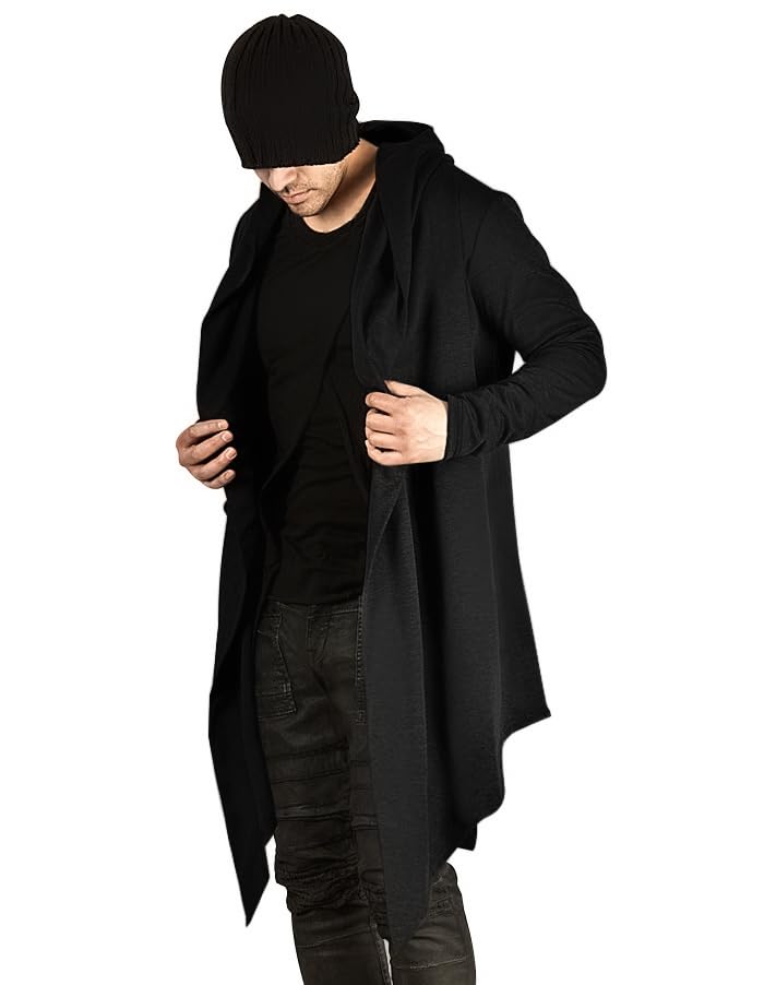 Poriff Mens Long Hooded Cardigan Long Sleeve Thin Cardigans Ruffle Shawl Collar Lightweight Drape Cape Overcoat Pockets2