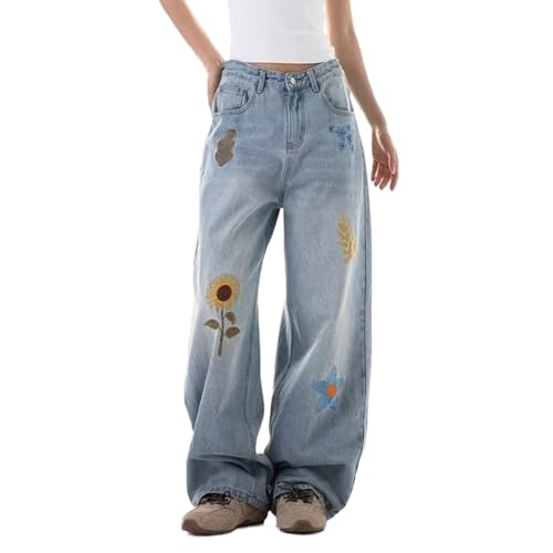 Baggy Jeans Men Graphic Vintage Y2k Floral Jeans Flower Print Skater Washed Loose Fit Wide Leg Denim Pants Hip Pop