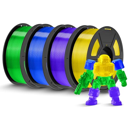 TECBEARS PLA 3D Printer Filament, 4KG PLA Filament 1.75mm, Neatly Wound 3D Printing Filament, Dimensional Accuracy +/- 0.02 mm,1 Kg Per Spool, Pack of 4, Clear Yellow/Blue/Green/Purple