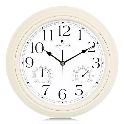 Lafocuse Horloge Murale avec Thermomètre et Hygromètre Vintage Pendule Murale Quartz Blanc Silencieuse pour Salon Cuisine 30cm