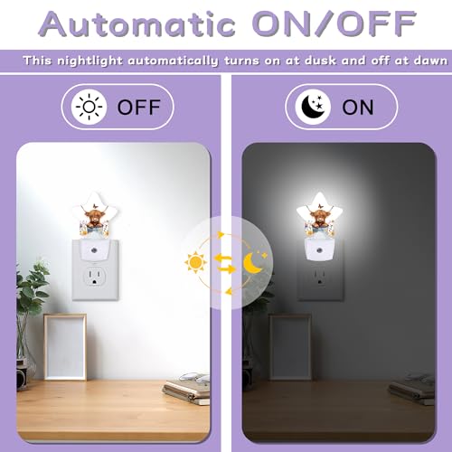 Image of Night Light,Highland Cow Night Lights Plug into Wall Butterfly Flowers Decorations for Bedroom Bathroom,Dusk to Dawn Sensor Kitchen Hallway Stairs Energy Efficient Desk Lamp