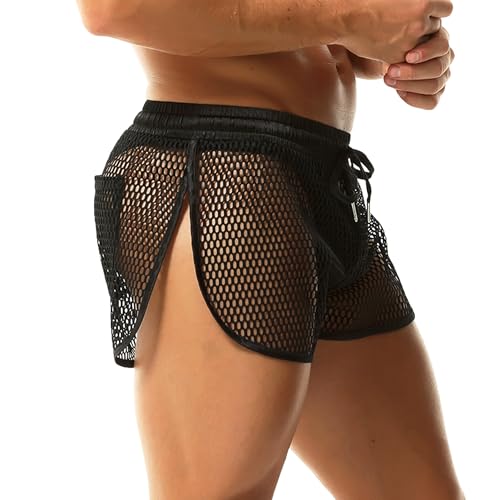 Mens Mesh Boxer Shorts See Through Hot Short Pants Split Side Rave Shorts with Pocket