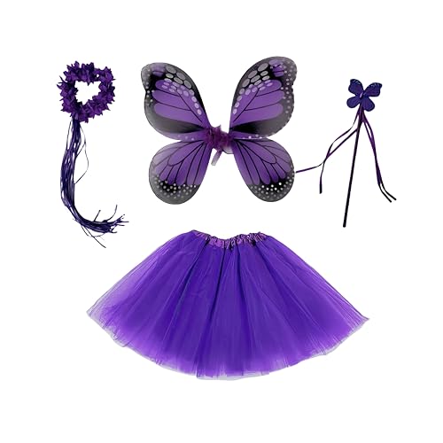 Danballto 4 PC Girls Fairy Monarch Princess Costume Set with Butterfly Wings, Tutu, Wand & Halo