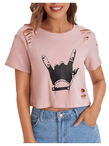 SweatyRocks Women's Short Sleeve T Shirt Graphic Print Distressed Crop Top Gesture Light Pink Small