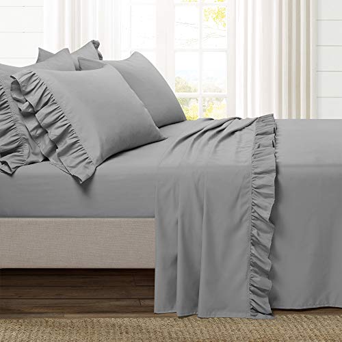 Image of Lush Decor Reyna Ruffle Sheet Set, 6 Piece Set, Queen, Dark Gray - Soft & Comfortable Sheets With Ruffles - Classic Elegant Bed Sheet Set - Traditional, Modern Farmhouse, Glam, & Cottage Bedroom Decor