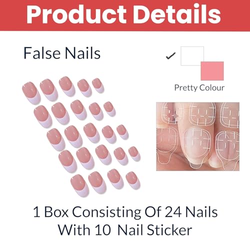 Image of TEMPERIA Press On Fake Nails For Women & Girls - French Acrylic Reusable Aesthetic - Stick On Artificial False Nails Extension - (24 pcs) (Pink & White)