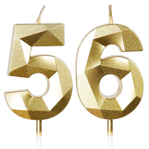 Bougies d'Anniversaire 56 Ans Dorées - Numéro 56 Or - Bougies Dorées pour Gâteau - Décoration de Fête Brillante - Anniversaire, Mariage, Fête, Cérémonie