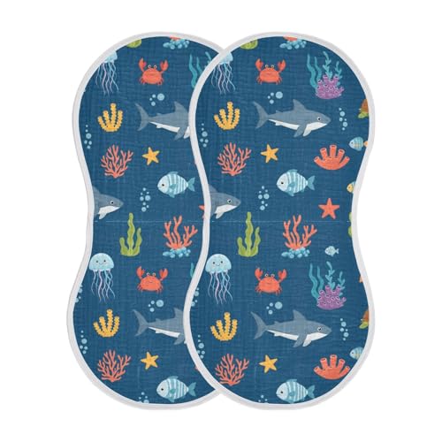 2 Pack Muslin Burp Cloths Sea Animal Navy Blue Cotton Baby Burp Cloths Ultra Soft Burping Cloth Absorbent Spit Up Rags for Newborn Boys Girls, Large 22
