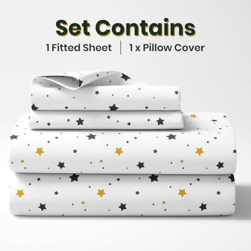 Image of LORETO - A QUALITY LINEN BRAND 210 TC 100% Pure Cotton Single Fitted Bedsheet with 1 Pillow Cover for 78 x 36 Inch Mattress, All-Around Elastic, 8 Inch Deep Pocket, Black & Gold Stars