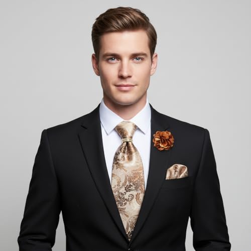 Image of 5PCS Mens Silk Designer Tie, Pocket Square, Cufflinks, Drilled Tie Ring and Lapel Pin Set for Wedding Groom Party