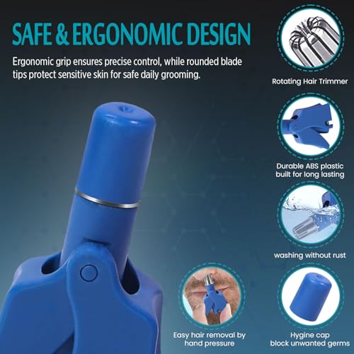 Image of Stainless Steel Hair Trimmer for Men and Women | Manual Nose and Ear Hair Trimmer | Nose Clippers, 360 Rotating Hair Trimmers | Washable Nose Hair Remover | Blue
