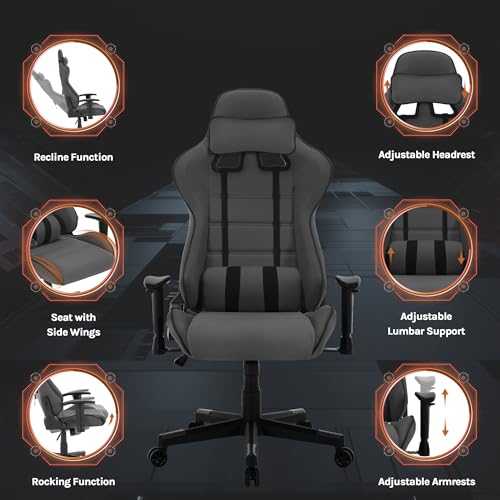 Sedia Gaming di Tessuto Traspirante, Poltrona da Gaming Ergonomica, Sedia da PC con Poggiatesta, Cuscino Lombare, Braccioli Regolabili, Funzione Basculante, Tessuto a Rete, Grigio - Sedia gaming - Immagine 4