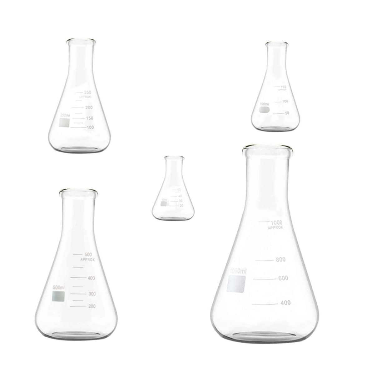 PLAFOPE Matraz Cónico de Vidrio Engrosado 5 Piezas para Laboratorio | Cuello Estrecho, Fondo Plano y Graduaciones Estándar, Área de Marcado Amplia, Capacidades 50ml a 1000ml