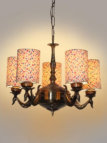 Image of Devansh 05-Light Round Printed Multicolor Cotton Shade Chandelier - Antique Golden Finish | Adjustable Cord | Warm Glow Lamp - Ceiling Light for Living Room, Dining Area, BedroomDecor - D12