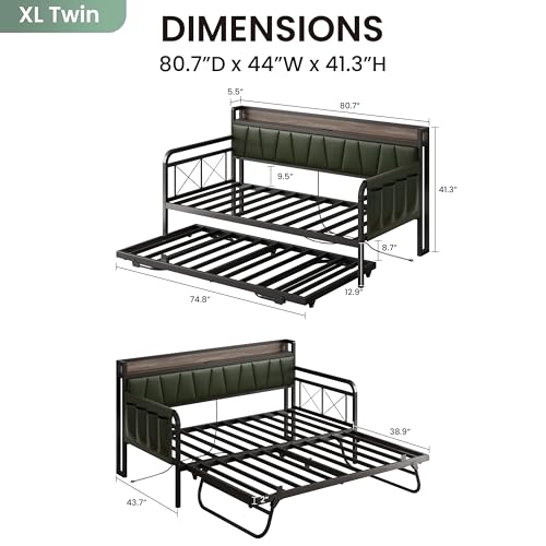 Image of LIKIMIO Twin XL Daybed, Day Bed with Trundle, Storage Upholstered Headboard and Charging Station, Trundle Bed with Strong Supports for Living Room, Bedroom, and Guest Room, Green