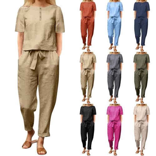 2 Piece Outfits Linen Co Ords Sets Women's Summer Tracksuits Loose Fit-Round Neck Short Sleeve T-Shirt Solid Cotton Linen Tops and Pants Casual Trousers Plus Size Travel Outfit Women Brown