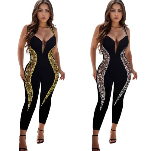 Image of Jigfar Women Sexy Elegant Rhinestone Mesh See Through V Neck Bodycon Jumpsuit Party Club Night Outfits Playsuits(FK3260,Black,XXL)
