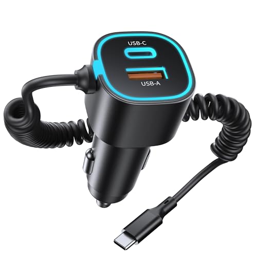 GuMosh 65W Cargador de Coche USB C Carga Rapida, 3 Puertos Mechero Coche con 1,5M Cable en Espiral Tipo C, PD QC PPS Car Charger Compatible con iPhone 17/16/15/14/13,Galaxy Phone,MacBook,iPad,Android