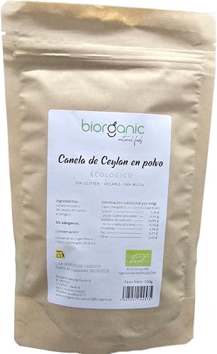 Canela Ceylan en polvo, 100g. Autentica.Pureza 100%. Sin gluten, sin MGOs. Biorganic. Marca española.