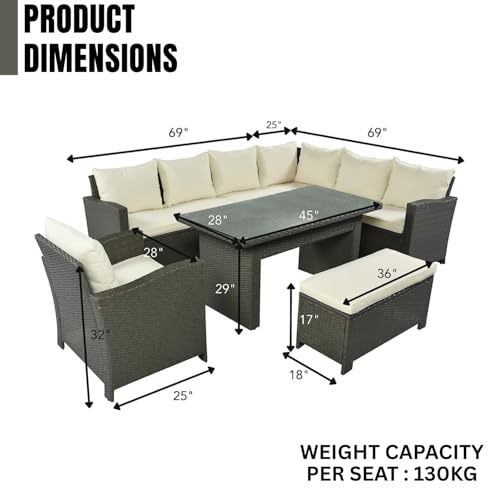 Image of DEVOKO 5-Piece Outdoor Patio Furniture Set All-Weather Wicker Conversation Set with Dining Table, Chairs & Ottoman for Garden, Poolside, Backyard (Dark Brown & Cream)