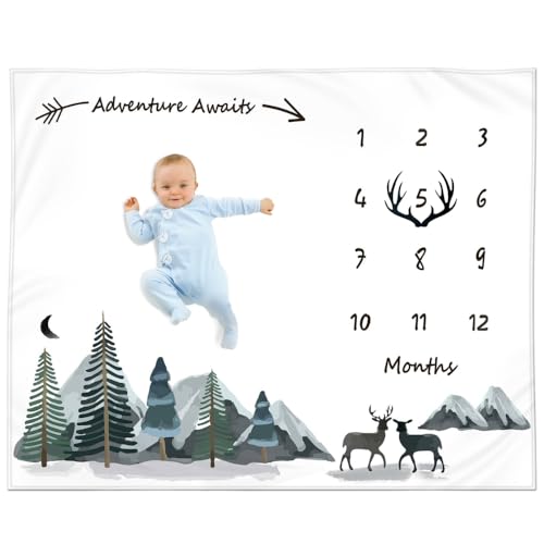 Image of Milestone Blanket for Baby Boy – Monthly Baby Blanket, Growth Tracker for Newborn, Woodland Nursery Decor, Mountain Adventure Theme, Includes Felt Frame, 50x40 Inches