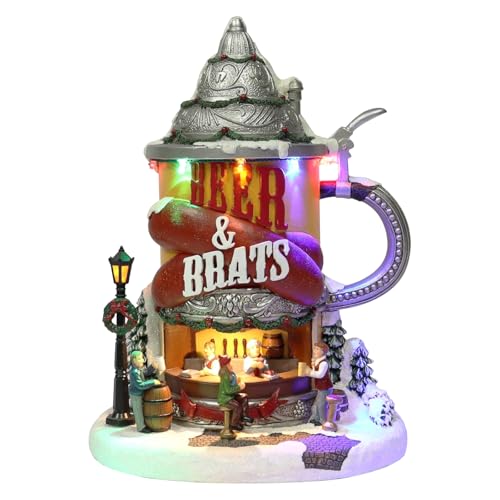 MOMENTS IN TIME Beer & Brats Christmas Village Booth 11.2â€H Lighted Holiday Scene with LED Lights & Music Handcrafted Polyresin Battery Operated Decor Holiday Tavern Scene