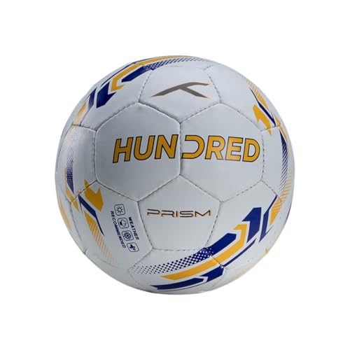 HUNDRED Prism Foot Ball | Size 5 | All-Weather Multi-Terrain Ball | Peak Performance on All Surfaces: Hard Ground, Wet Grass & Turf | Bult for Accurate Passes & Powerful Shots (White/Purple/Yellow)