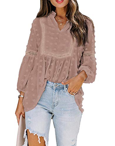 AlvaQ Women's Pink Chiffon Boho Shirts Bohemian Style Long Lantern Sleeve V Neck Swiss Dot Tunic Blouses Flowy Babydoll Tops Small