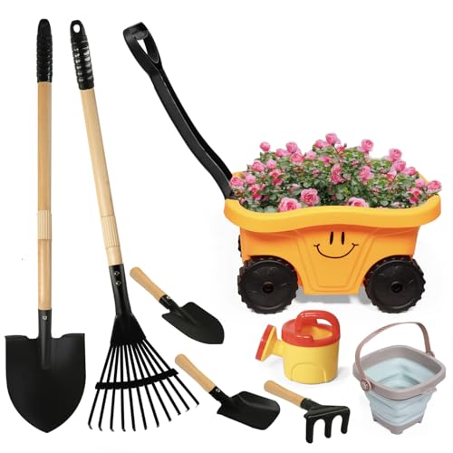 CHEERBANK Toddlers Rake & Shovel Set with Wheelbarrow, Kids Yard Tools for Digging, Gardening, Beach, Sandbox, Lawn, Camping, Summer Outdoor Garden Toys Gifts for Children Age 2-5 Years Old