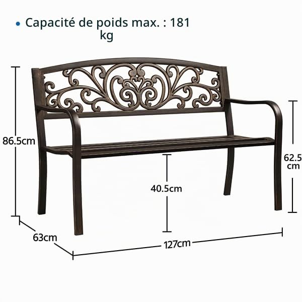 Yaheetech Banc de Jardin en métal résistant aux intempéries pour 2 à 3 Places - Banc de Repos Vintage avec Dossier - Accoudoir pour Jardin, Balcon et terrasse - Bronze