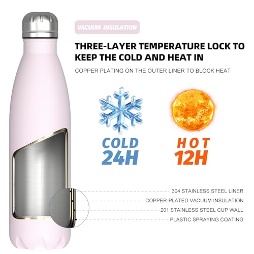 Image of WATERSY Stainless Steel water bottles,17oz /500ml Insulated Water Bottles,Pink metal water bottle Keeps Drink Cold and Hot,BPA Free kids water bottles for School,Gym,Travel,Sports