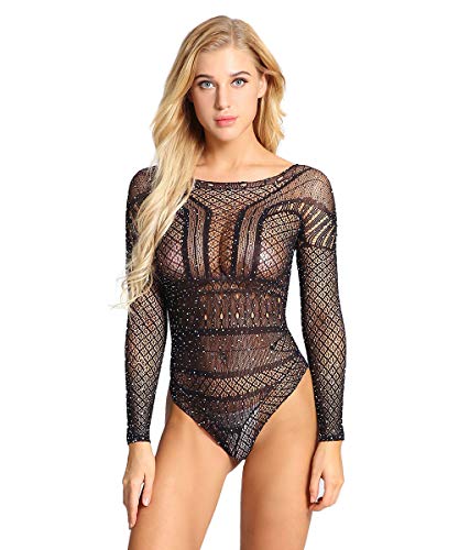 Abberrki body feminino sexy com strass brilhante Teddy arrastão manga comprida peça única, Black 1,