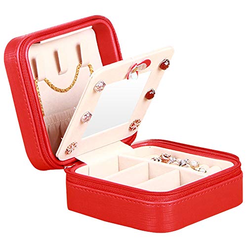 Wakerda Schmuckkasten Schmuckkästchen Damen Kleine PU Leder Schmuckbox Display Aufbewahrungstasche mit Spiegel für Reise, Rot Cover