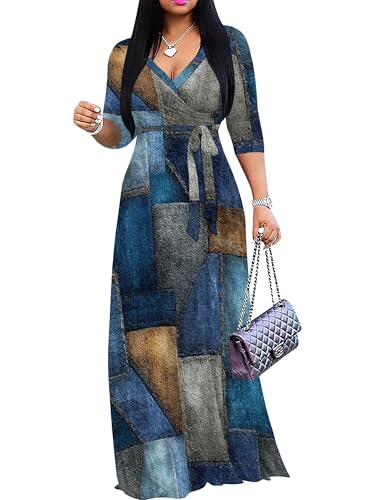 Image of Women's Plus Size Maxi Dresses Long Sleeves V Neck Floral Print Bohemian Swing Long Dress with Belt