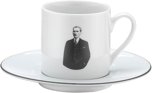 Miniatura 2 de LaModaHome Atatürk - Juego de tazas de café expreso en blanco y negro con platillos, tazas de café turco árabe griego y platillos de porcelana para