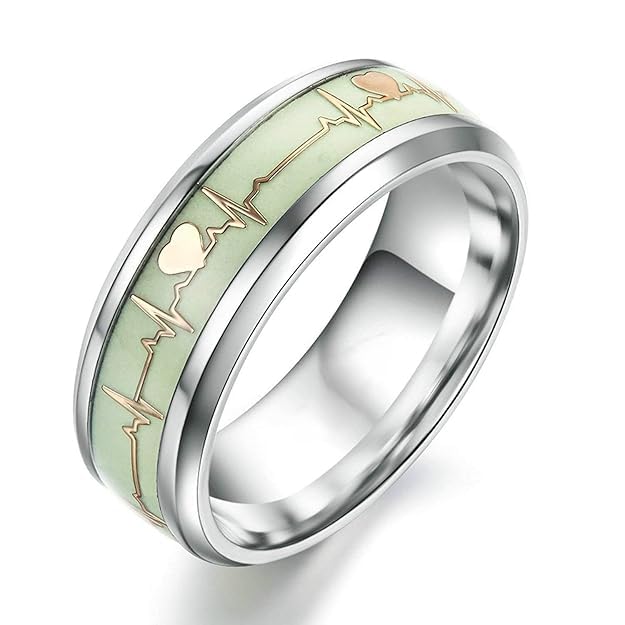 glamshell Glow in The Dark 8MM Silver ECG Heartbeat Ring,Luminous Glow Stainless Steel Ring For Men Boys Women Girls Size 17-20-picture-32