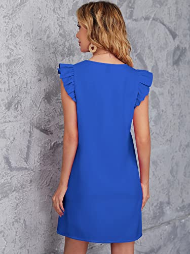 Image of Floerns Women's Solid V Neck Ruffle Trim Cap Sleeve Summer Tunic Dress