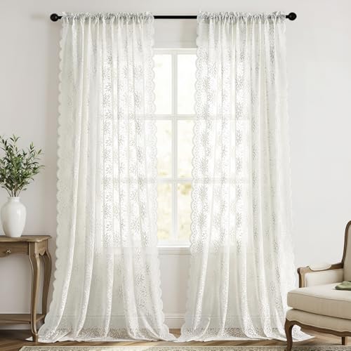 Image of MIULEE Vintage Lace Curtains 96 Inches Long 2 Panels, Victorian Decorative Floral Scalloped Semi Sheer Curtains Pretty Light Filtering Rod Pocket Panels for Bedroom Living Room, 52 inch W x 96 inch L, White