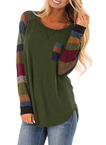 HOTAPEI Womens Color Block Tunic Tops Crewneck Long Sleeve Front Pocket Loose Fit Shirt Hem Slit Casual Pullover Fashion Hoodies & Sweatshirts Green X-Large