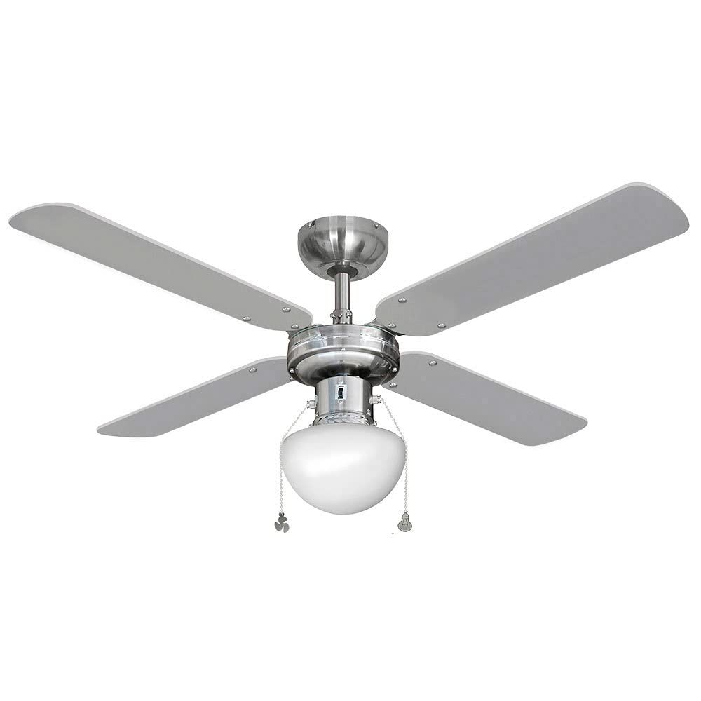 EDM Caribe Ceiling Fan with chrome finish and three light grey blades, featuring a white globe light kit at the center.