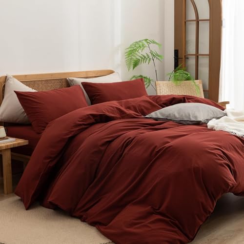 Image of BESTOUCH Cotton Solid Duvet Cover Set Fired Brick Red Super King Plus | 100% Washed Cotton, Soft Wrinkle Texture, Hidden Zipper, 8 Ties, Breathable Lightweight Durable Comfy, 3 Pcs No Insert