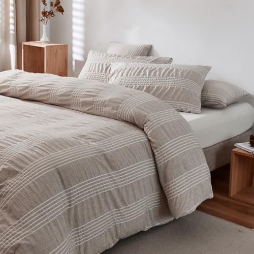 Tospass Seersucker Bettwäsche 220x240 Khaki 3Teilig Geometrische Linie Bettwäsche-Sets Weich Kuschelig Gebürstet Microfaser, 1 Bettbezug 220x240...