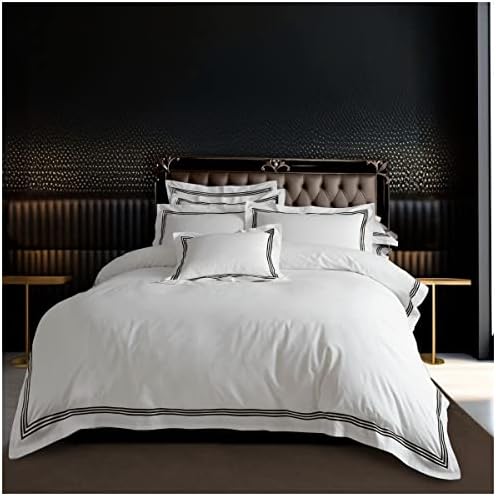 Luxury Bordered Striped Duvet Covers, Embroidered Bedding Sets King Size, Warm Bed Cover, White/Latte