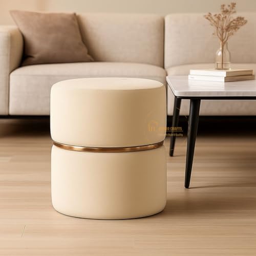 Image of Wooden Puffy Stool for Living Room Round Footstool - Ottoman Stool for Living Room Furniture Round Ottoman - Sitting Pouffe Ottoman Stool /Room Dcor /Office Stool - Cream
