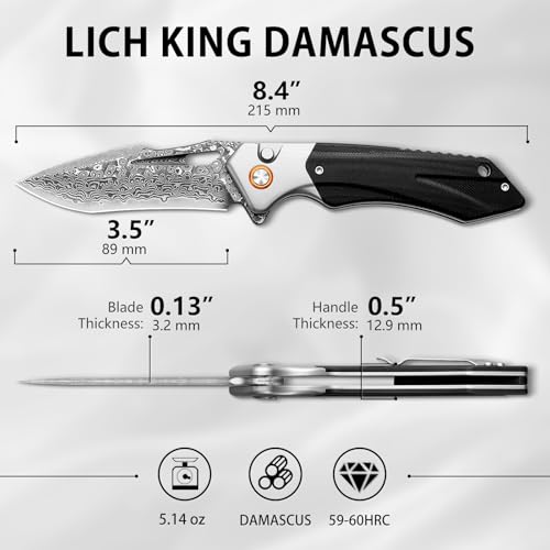 Image of LOTHAR LICH KING Damascus Pocket Knife for Men, Damascus Folding Knife | Handmade Forged VG10, G10 Handle, Father Day Gifts for Men Cool EDC Knives, Pocket Clip, Pocket Knife for Camping Box Cutter
